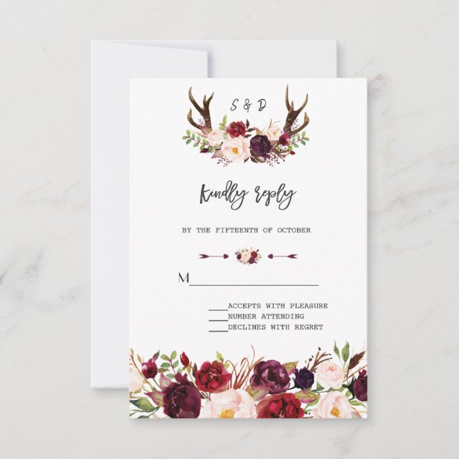 Cartons Réponse Charme Bourgogne Floral Antlers écriture manuscrit (Devant)