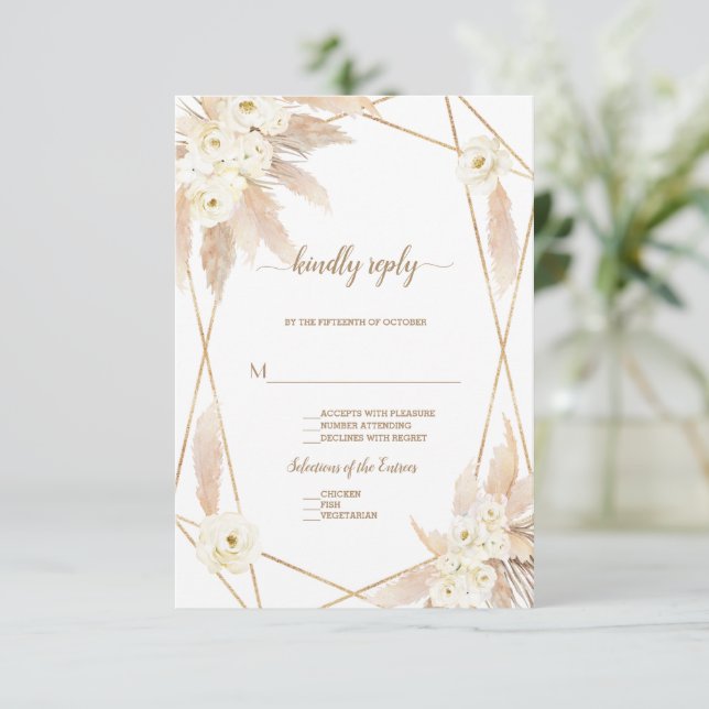 Cartons Réponse Charme Roses Blanches Pampas Grass Mariage Or (Debout devant)