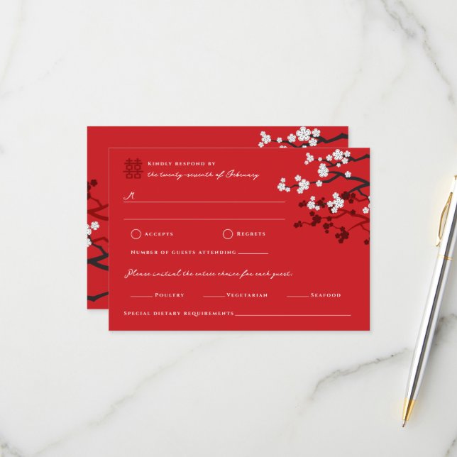 Cartons Réponse Cherry Blossoms double bonheur Mariage chinois (Devant/Arrière en situation)