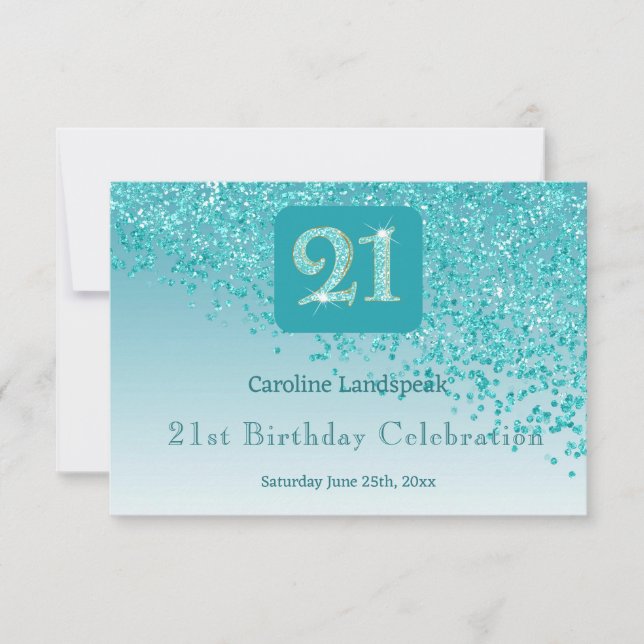 Cartons Réponse Chic 21 Anniversaire Turquoise Parties scintillant (Devant)