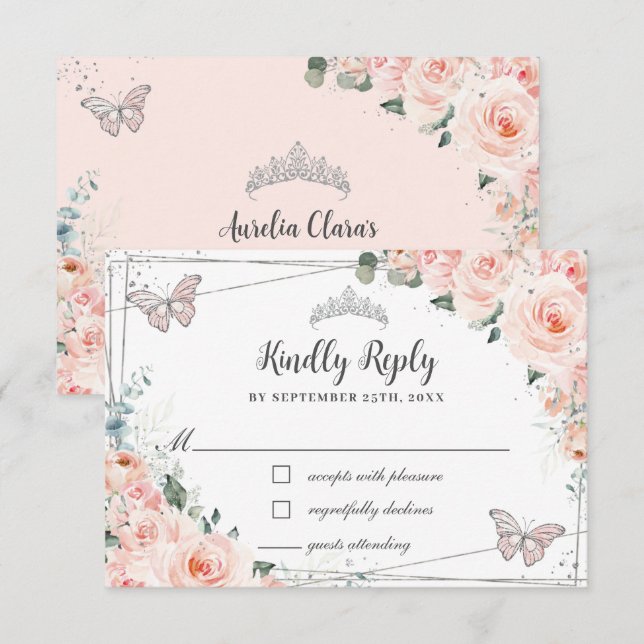 Cartons Réponse Chic Blush Floral Silver QUINCEAÑERA Papillons (Devant / Derrière)