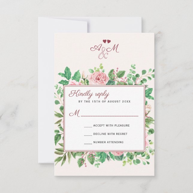 Cartons Réponse Chic Bourgogne et Blush Floral Mariage Monogramme (Devant)