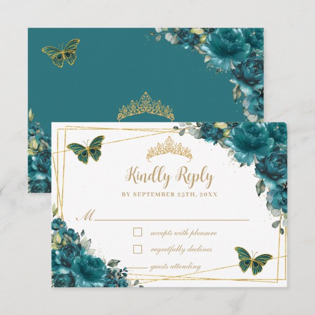 Cartons Réponse Chic Cyan Turquoise Floral Papillons en or Quincea (Devant / Derrière)