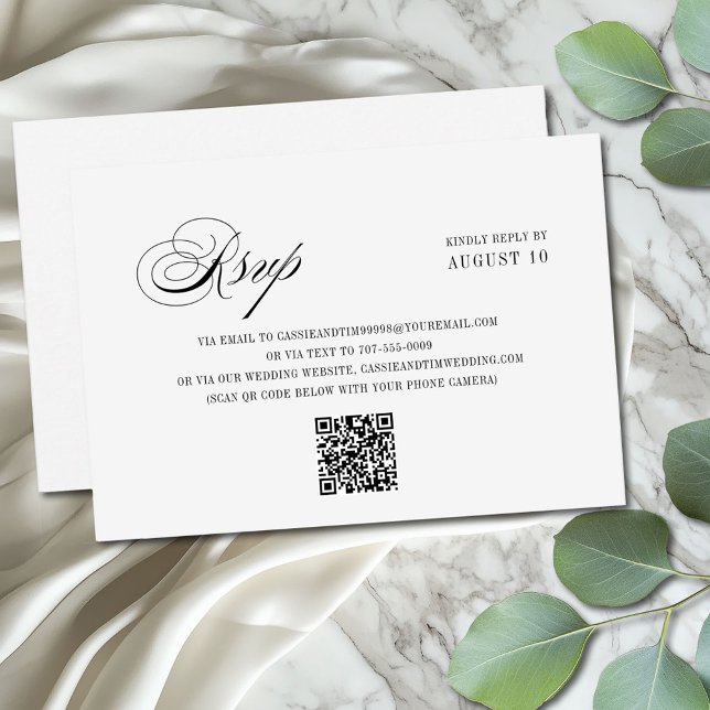 Cartons Réponse Chic noir blanc romantique Script QR Code Mariage (Créateur téléchargé)