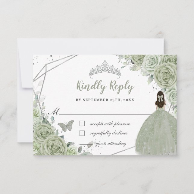 Cartons Réponse Chic Sage Vert Floral Argent Quinceañera Princesse (Devant)