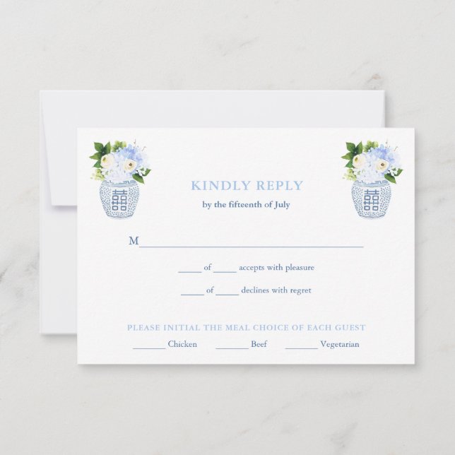 Cartons Réponse Chinoiserie Chic Blue & White Mariage Meal Choix (Dos)