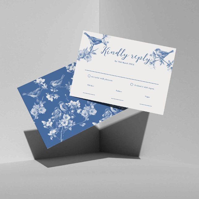 Cartons Réponse Chinoiserie Delft Blue Birds Spring Reply card (Créateur téléchargé)