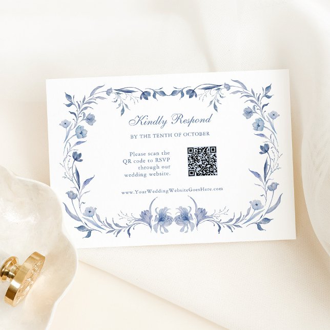 Cartons Réponse Chinoiserie Dusty Blue | Mariage de code QR (Créateur téléchargé)