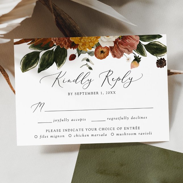 Cartons Réponse Choix de repas de mariage floral automnal bohème (Créateur téléchargé)