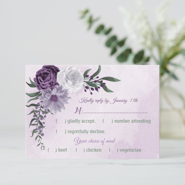 Cartons Réponse choix de repas floraux violet et blanc (Debout devant)