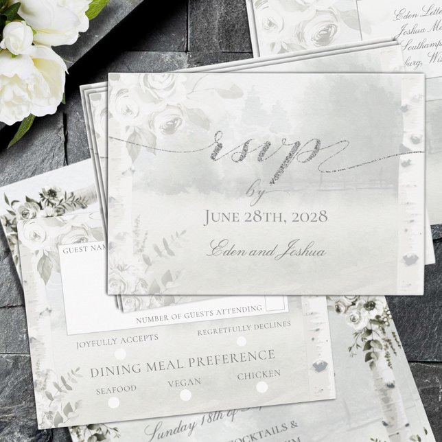 Cartons Réponse Chuppah Forêt de bouleaux Choix de repas Mariage R (Birch Tree Forest Chuppah Wedding RSVP Meal Choice Mail Back Card)