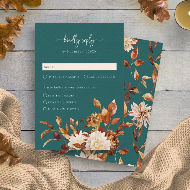 Cartons Réponse Chute turquoise (Teal Fall Rustic Leaves Floral RSVP Card by Painted Paperie
)