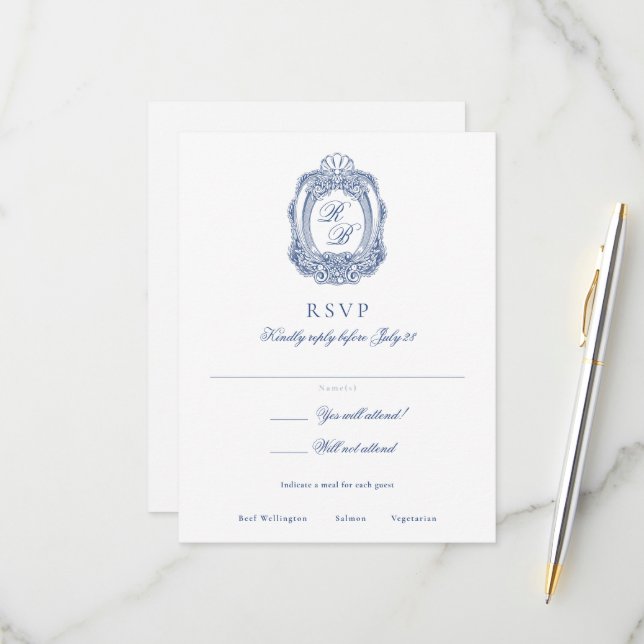 Cartons Réponse Cimier baroque Bleu français Mariage antique (Devant/Arrière en situation)