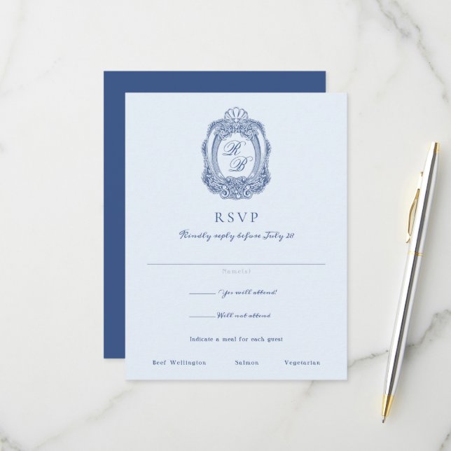 Cartons Réponse Cimier baroque Mariage bleu français (Devant/Arrière en situation)