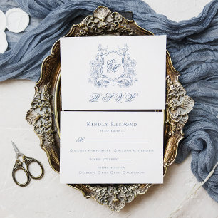 Cartons Réponse Cimier Floral Bleu Monogramme Mariage élégant