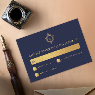 Cartons Réponse Cimier Marine Bleu Mariage Monogramme Faux Or Élég