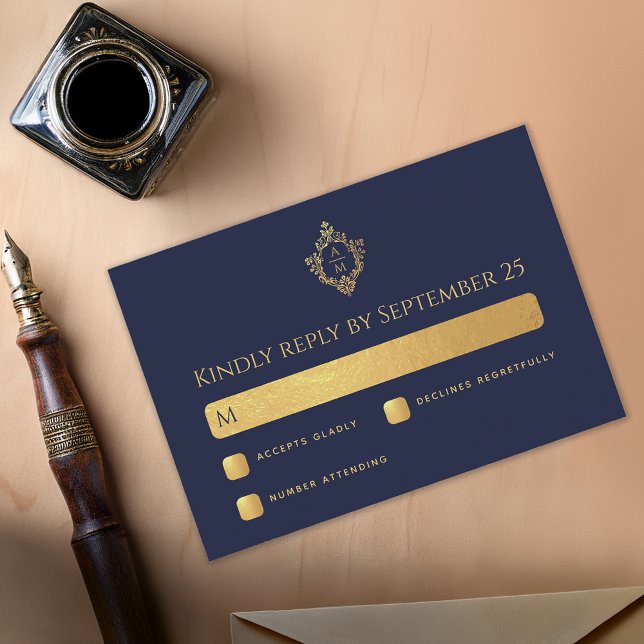 Cartons Réponse Cimier Marine Bleu Mariage Monogramme Faux Or Élég (Créateur téléchargé)