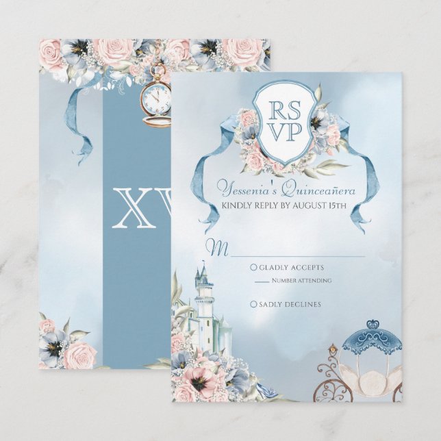 Cartons Réponse Cinderella Fairytale Elegant bleu rose Quinceanera (Devant / Derrière)