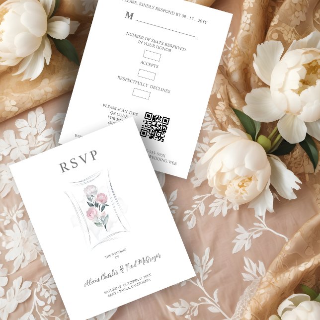 Cartons Réponse Classic Cute Floral Peonies Bunch in Gray & Pink (Classic Cute Watercolor Effect Floral Peonies Bunch in Gray & Pink Wedding RSVP Card.)