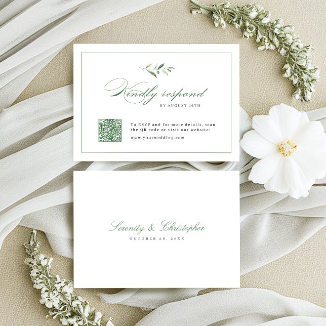 Cartons Réponse Classic Elegance Script mariage de verdure Code QR (Classic Elegance Script Greenery wedding QR code RSVP Card)