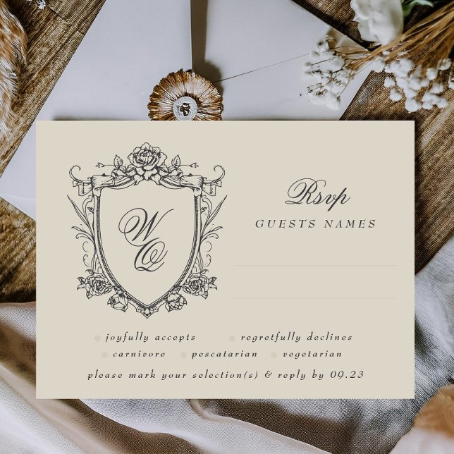 Cartons Réponse Classic Floral Crest Beige Monogramme Mariage (Créateur téléchargé)