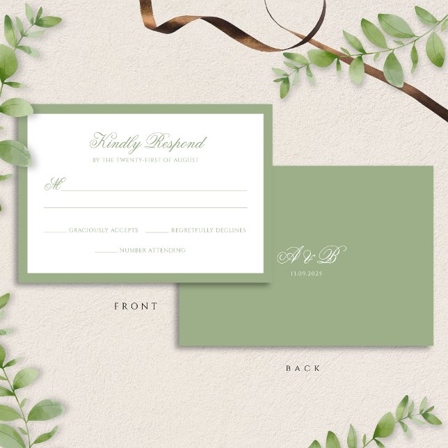 Cartons Réponse Classic Sage Green Border Monogram Script Wedding (Créateur téléchargé)