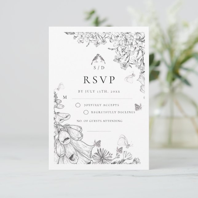 Cartons Réponse Classic White Black Floral Wedding  (Debout devant)