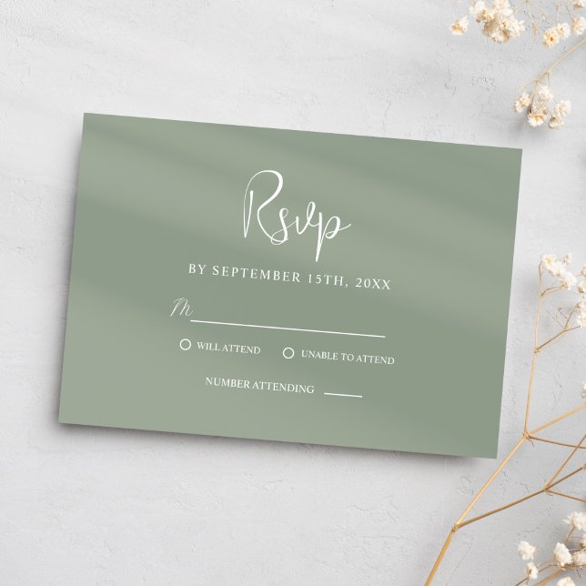 Cartons Réponse Classy Sage Green Script Moderne Mariage élégant (Classy Sage Green Script Modern Elegant Wedding RSVP Card)