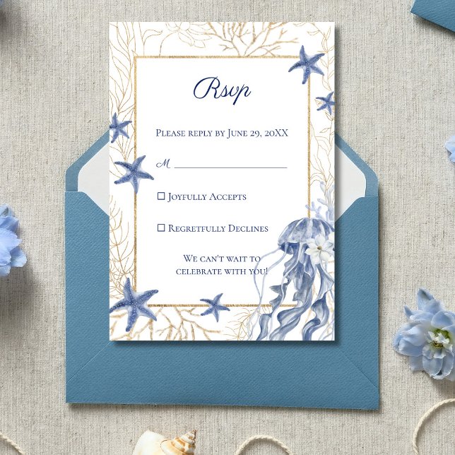 Cartons Réponse Coastal Wedding Navy Blue Gold (Coastal Wedding RSVP Enclosure Card)