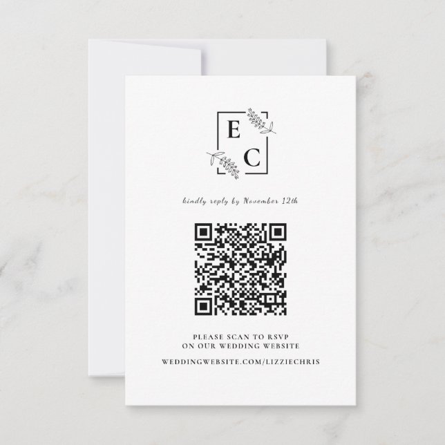 Cartons Réponse Code QR botanique simple noir et blanc monogramme (Devant)