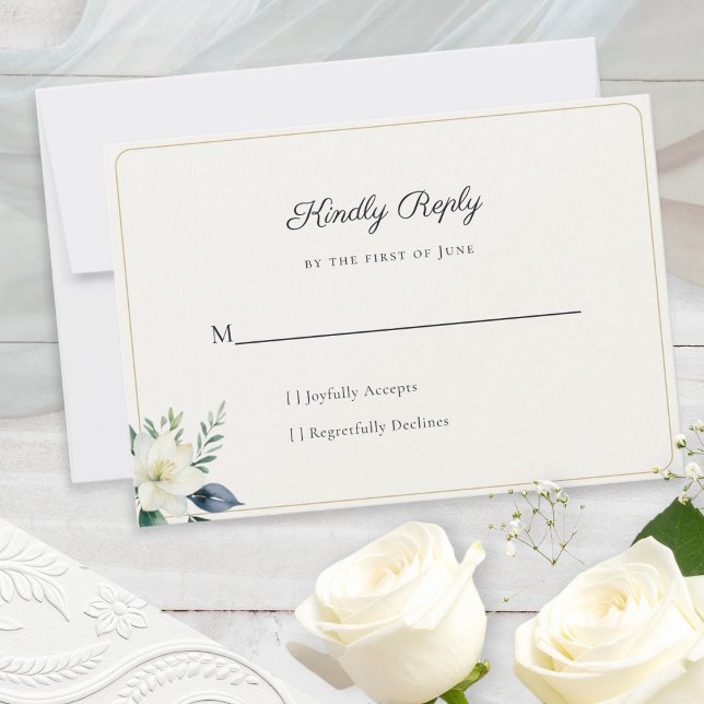 Cartons Réponse Code QR de la flore blanche élégante (An elegant wedding reply card for guests, with floral motif and a customizable QR code on the back)