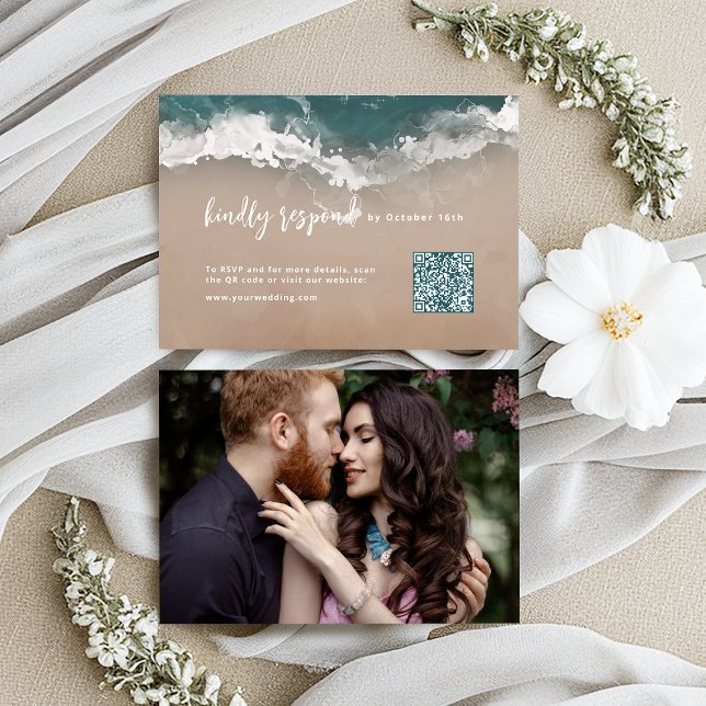 Cartons Réponse Code QR de la plage océanique mousseuse Abstraite (Abstract sparkling moody ocean beach QR code RSVP Card)