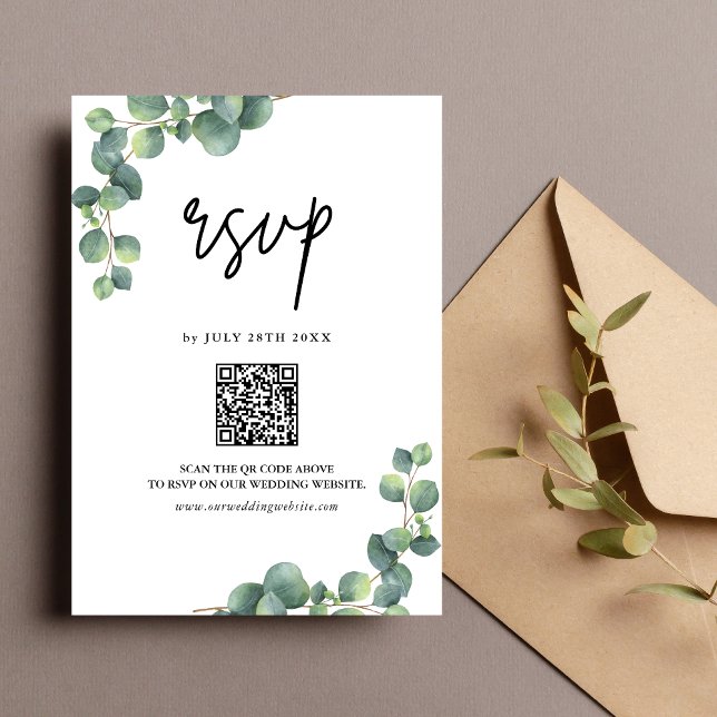 Cartons Réponse Code QR de mariage avec verdure d'eucalyptus rusti (Eucalyptus greenery QR code RSVP card lets guests respond easily with rustic charm.)