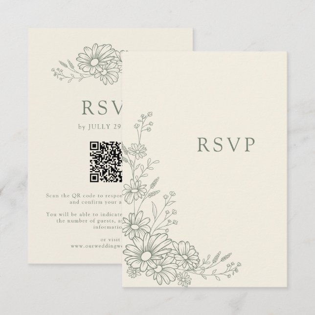 Cartons Réponse Code QR de mariage botanique à la marguerite vert  (Devant / Derrière)