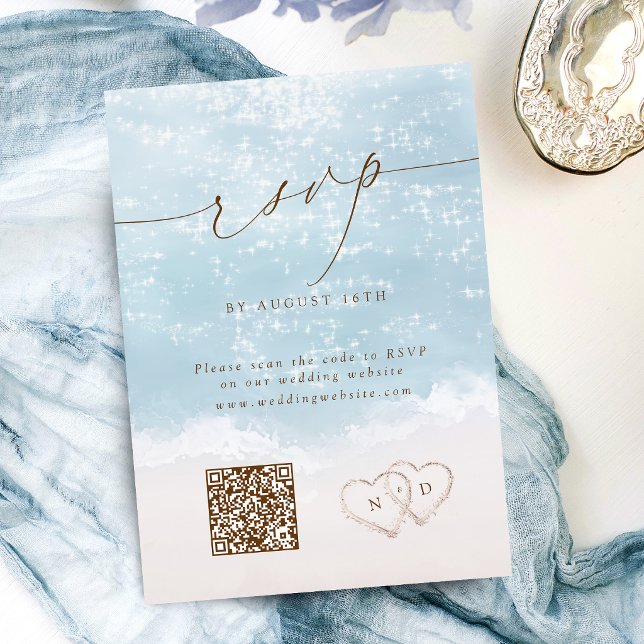 Cartons Réponse Code QR de mariage de plage à écriture moderne Hea (Modern Script Sand Hearts QR Code Beach Wedding RSVP Card)