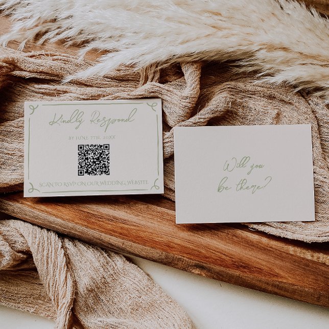 Cartons Réponse Code QR de mariage manuscrit vert olive (Créateur téléchargé)