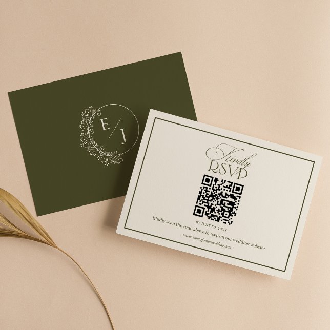 Cartons Réponse Code QR de mariage vert olive argent classique (Créateur téléchargé)