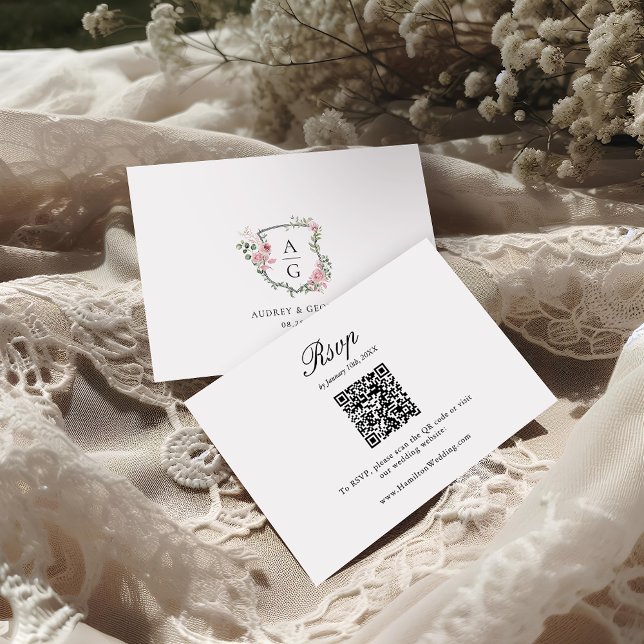 Cartons Réponse Code QR du blason de monogramme floral rose pâle é (Créateur téléchargé)