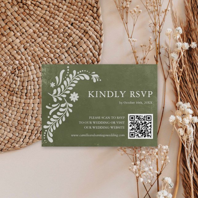 Cartons Réponse Code QR du Mariage vert rustique mexicain (Mexican Papel Picado Green Wedding RSVP QR Code Card)