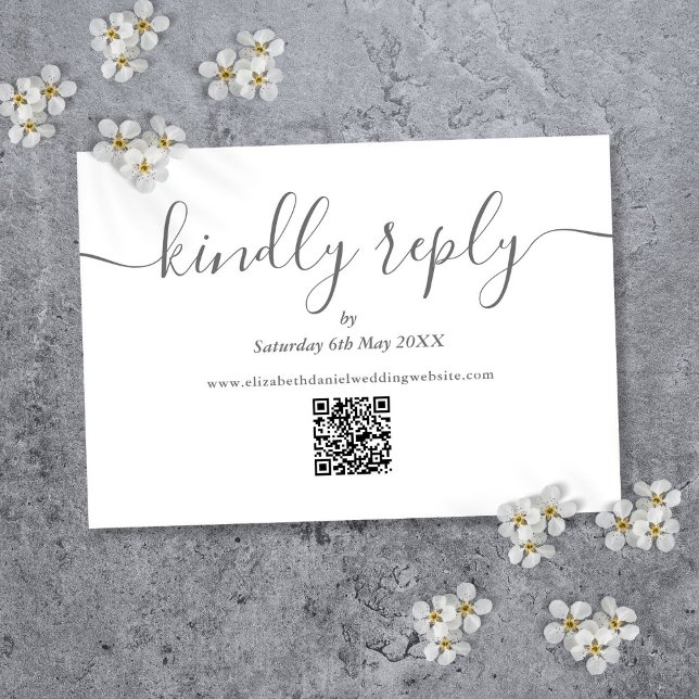 Cartons Réponse Code QR Élégant Script Répondre aimablement Gris E (QR Code Elegant Script Kindly Reply Gray And White RSVP Card)
