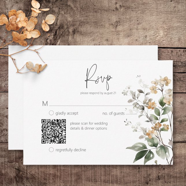 Cartons Réponse Code QR Fleur sauvage de Tan Fall délicieuse rusti (Rustic Delicate Tan Fall Wildflowers Wedding Response Card with QR Code)