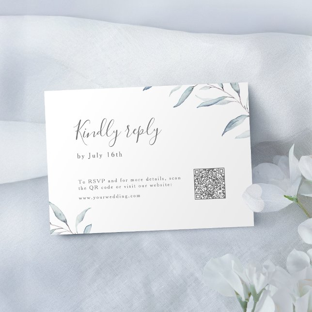 Cartons Réponse Code QR mariage bleu foncé (Dusty blue minimal greenery wedding QR code RSVP Card)