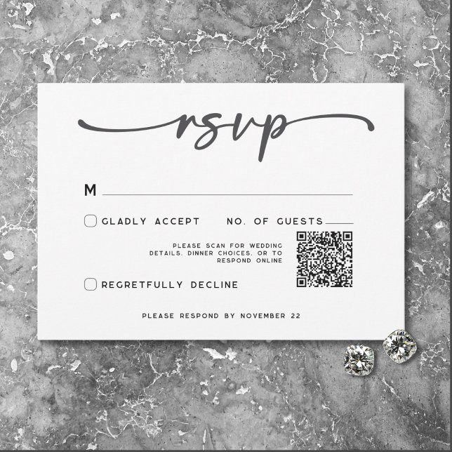 Cartons Réponse Code QR Mariage minimal Black White Script moderne (Modern Black White Script Photo Wedding QR Code RSVP Card)