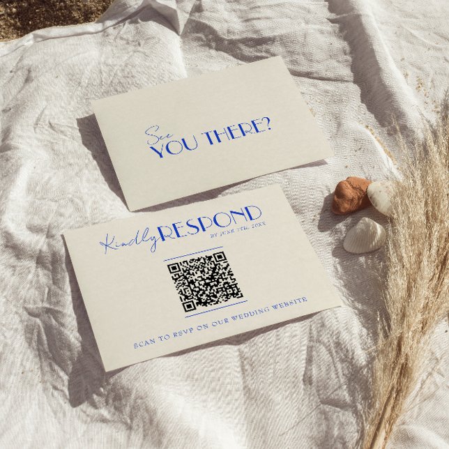 Cartons Réponse Code QR moderne bleu rétro français Mariage Whimsi (Créateur téléchargé)