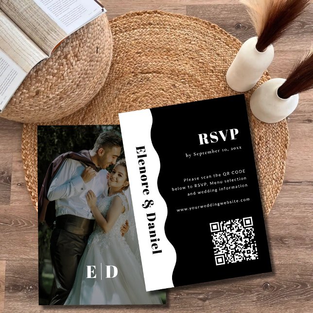 Cartons Réponse Code QR noir et blanc Side Wave Photo Mariage (Black and White QR code Side Wave Photo Wedding RSVP Card)