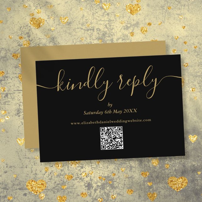 Cartons Réponse Code QR Noir Et Or Élégant Script Répondre Kindly (Black And Gold QR Code Elegant Script Kindly Reply RSVP Card)