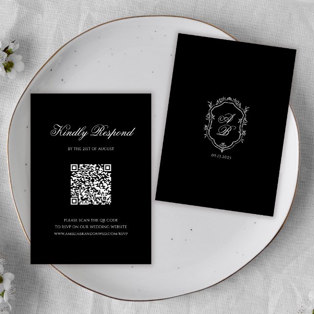 Cartons Réponse Code QR noir officiel Monogramme Crest Mariage (Créateur téléchargé)