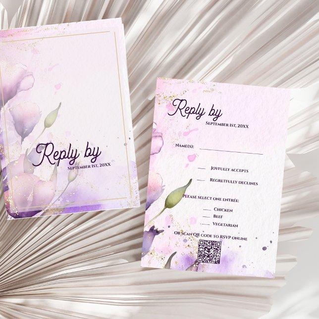 Cartons Réponse Code QR Romantique Fleurs de Lavande Or Mariage (Romantic QR Code Lavender Gold Floral Wedding RSVP Card)