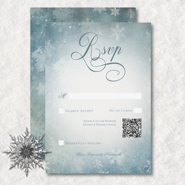 Cartons Réponse Code QR romantique Mariage blanc et bleu neigeux (Romantic Falling Snow Blue White Wedding No Dinner RSVP Card)