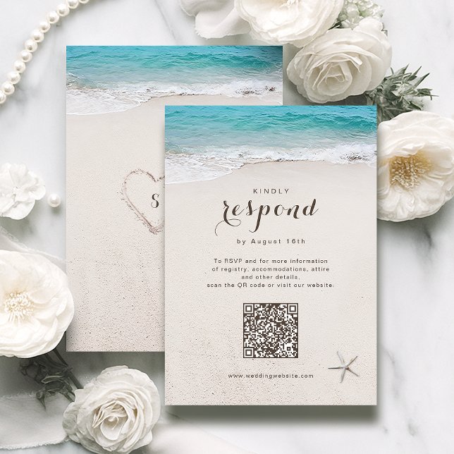 Cartons Réponse Coeurs dans le mariage plage de sable code QR (Hearts in the sand beach wedding QR code RSVP Card)